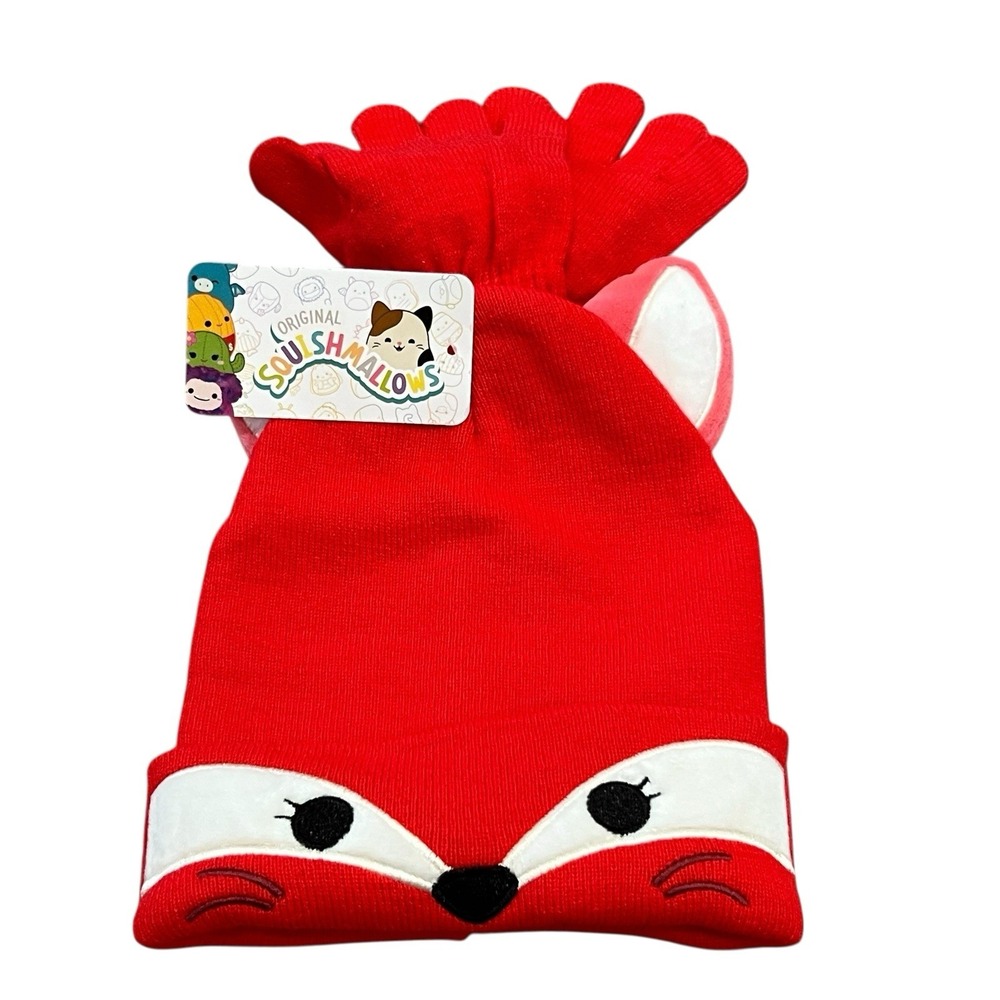 Squishmallows Beanie Hat Toboggan Gloves Set Fifi Fox Girl Kid Red Pink Ears NWT